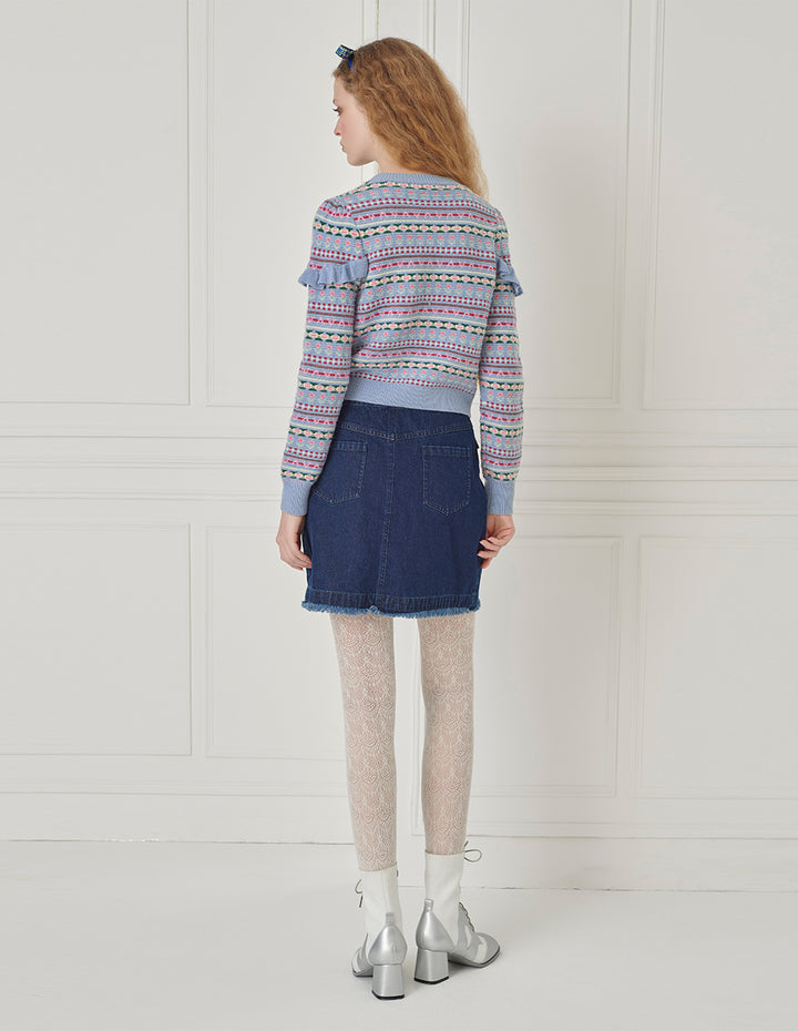 BORA AKSU Fair Isle jacquard crew neck ruffled knitted cardigan