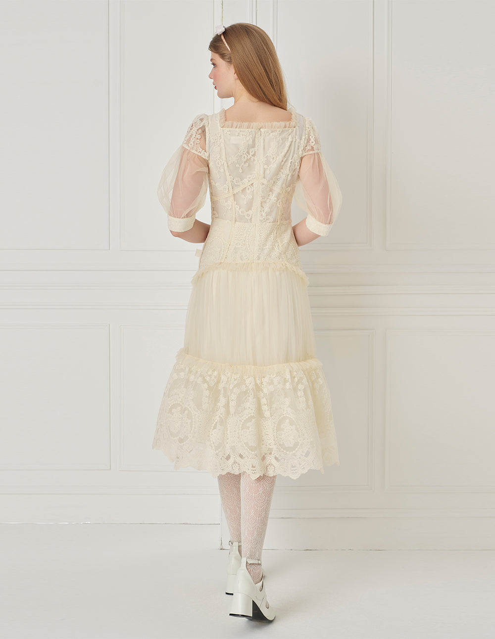 BORA AKSU Palace Style Lace Mesh Patchwork Pleated Dress
