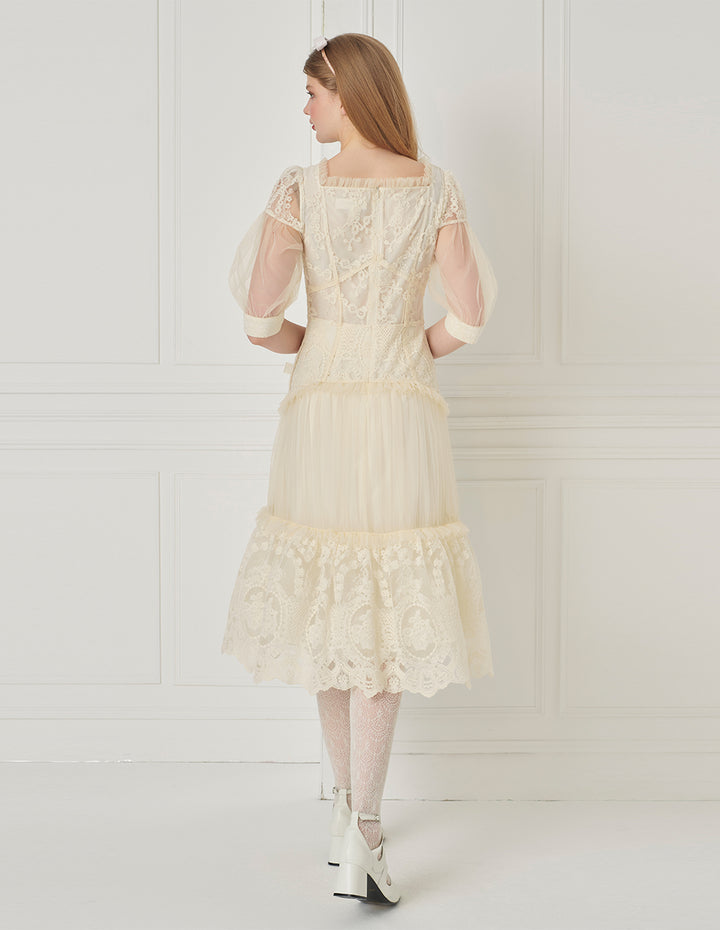 BORA AKSU Palace Style Lace Mesh Patchwork Pleated Dress