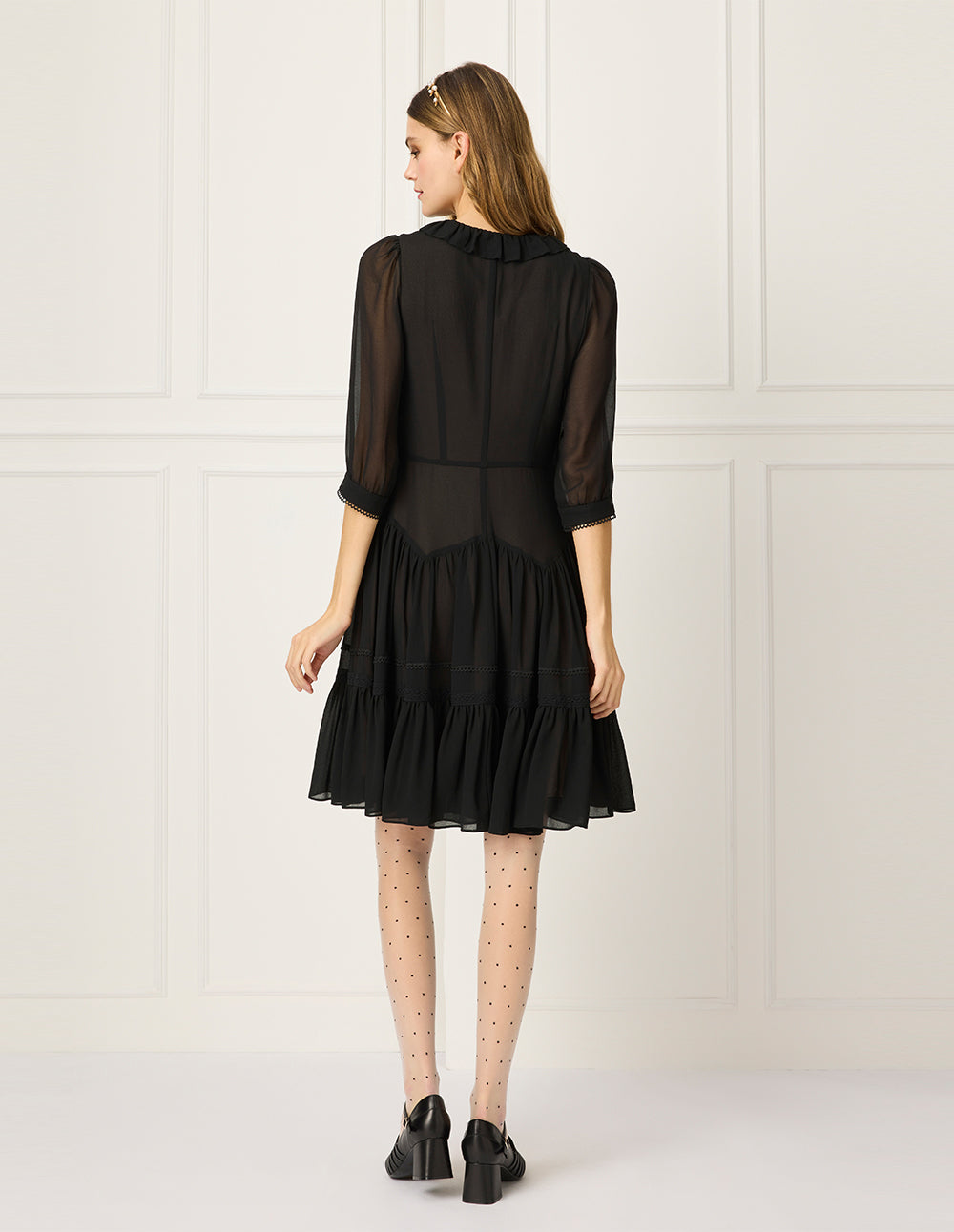 BORA AKSU Ruffled Round-Neck Puff Sleeve Mesh Spliced Pleated Little Black Dress