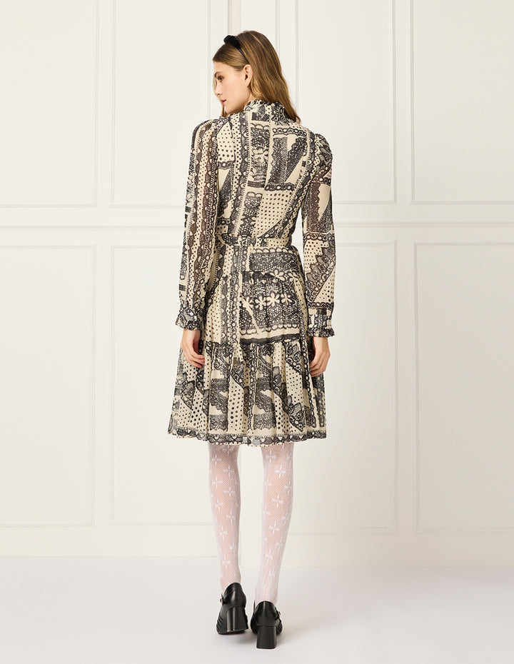 BORA AKSU Bubble Sleeve Mandarin Collar Printed Pleated Midi Dress