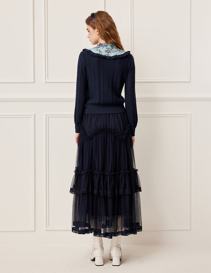 BORA AKSU Ruffled Trim Knit Top Patchwork Print Sash Tie Knitted Pullover