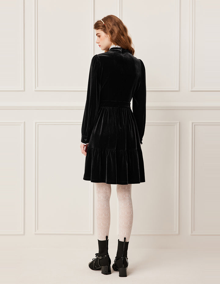 BORA AKSU Black & White Color Block Ruffle Mandarin Collar Velvet Midi Dress