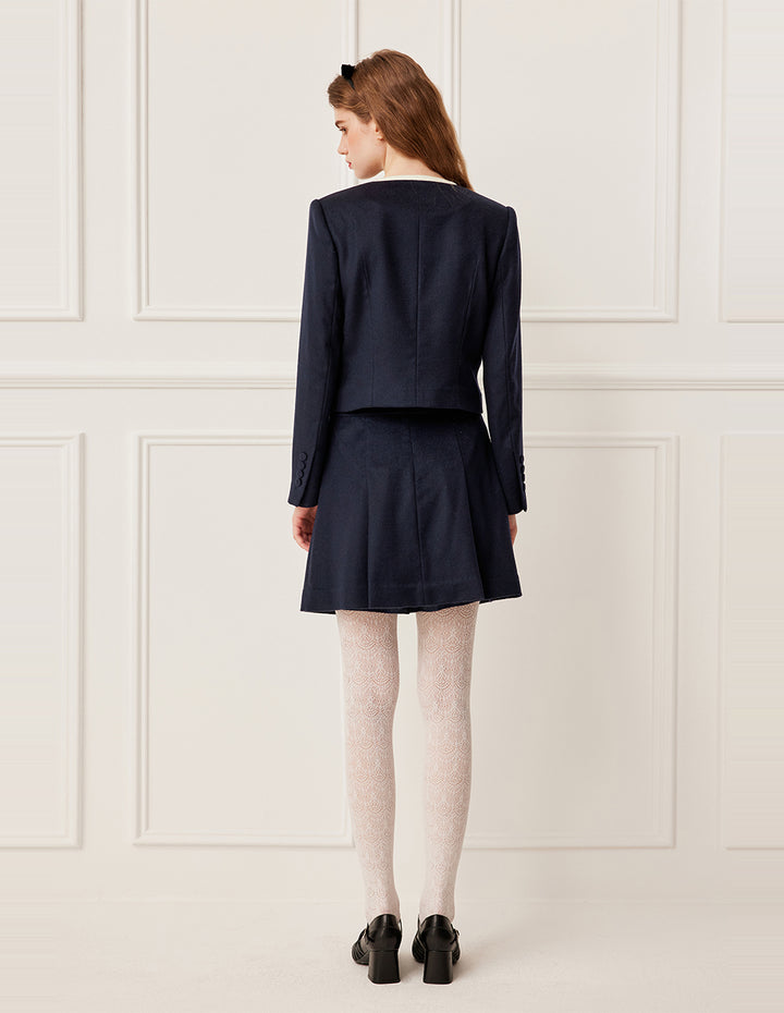 BORA AKSU White Trim A-Line High-Waisted Pleated Wool Skirt