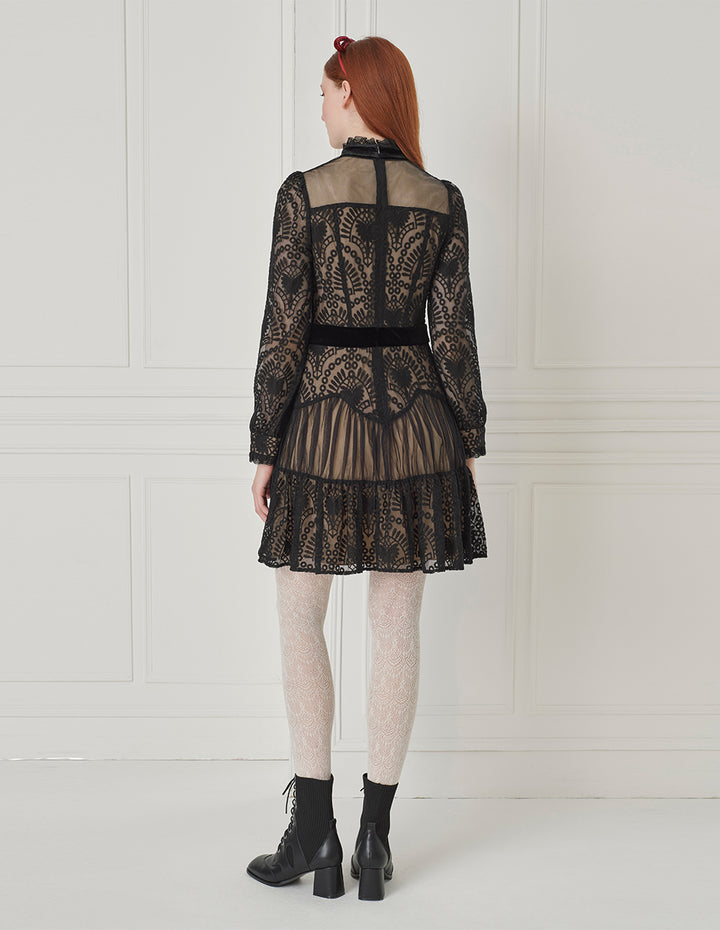 BORA AKSU Retro Lace Stand-Collar Long-Sleeve Mesh Velvet Splicing Knee-Length Dress