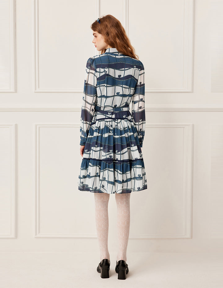BORA AKSU Long Sleeve Blue Ocean Print Pleated Midi Dress