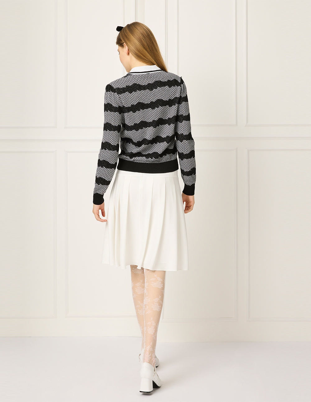 BORA AKSU Black & White Contrast High-Waist Pleated Knee-Length Skirt