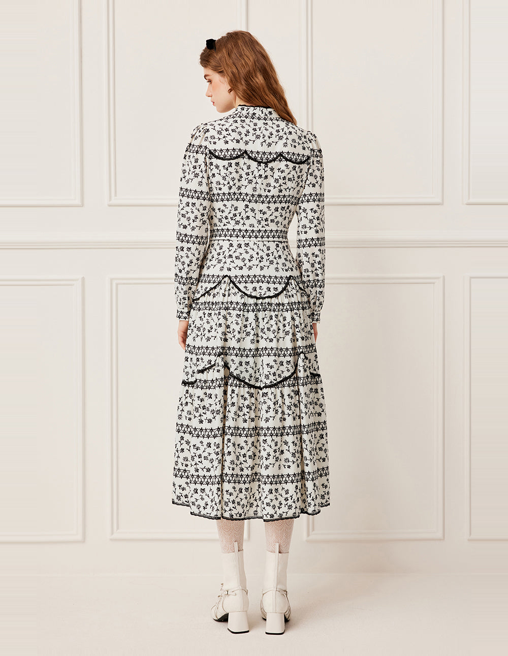 BORA AKSU Turtleneck Collar Lace-Ruffle-Trim Floral Pleated Midi Dress