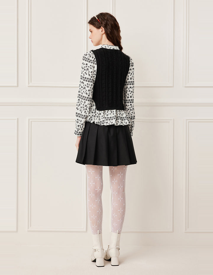 BORA AKSU Ruffled Turtleneck Long Sleeve Floral Patchwork Knit Top