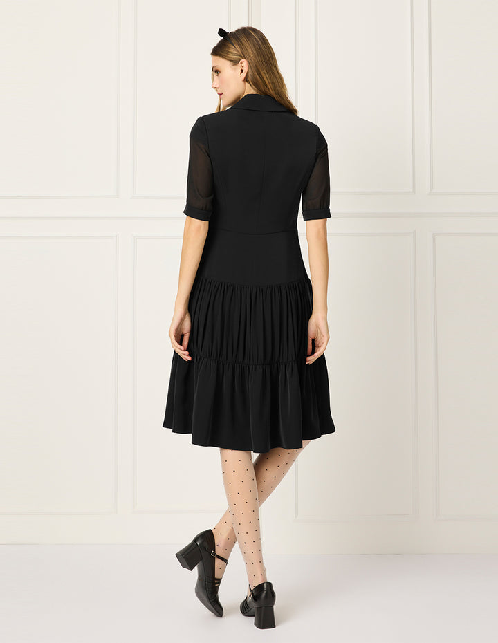 BORA AKSU Notch Lapel Single-Breasted See-Through Short Sleeve Pleated Midi Dress