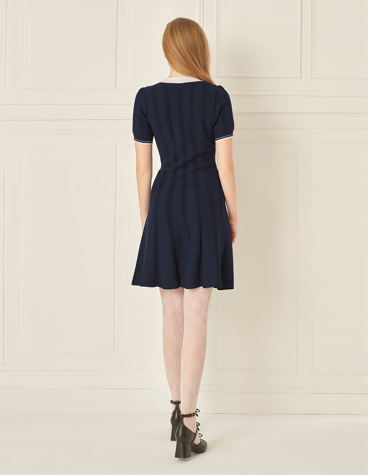 BORA AKSU French Blue And White Contrast Bow Round Neck Dress