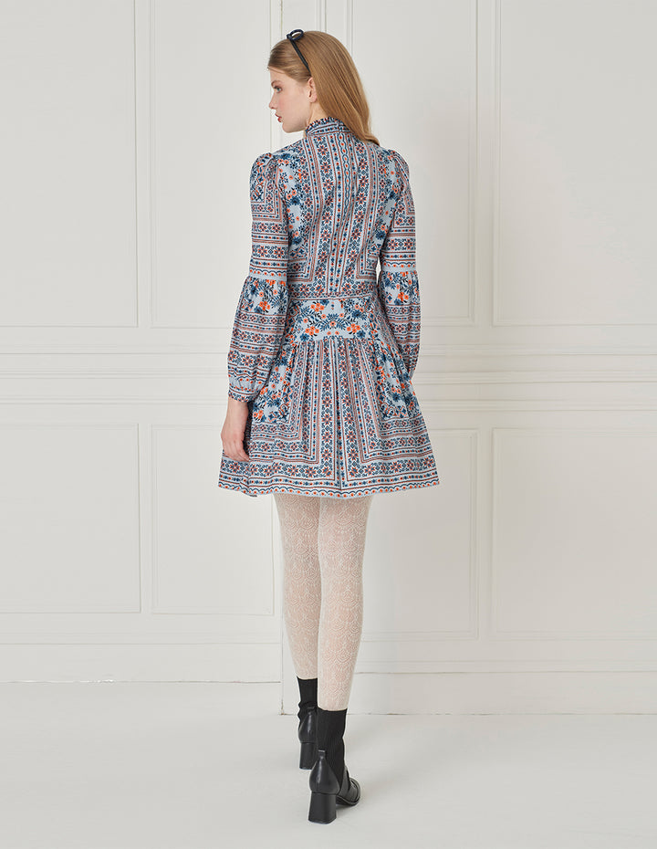 BORA AKSU Ruffle-Collar Puff Long-Sleeve Printed Pleated Midi Dress