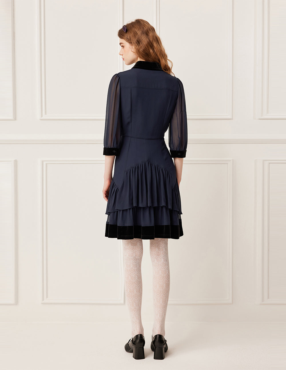 BORA AKSU Luxurious Velvet Collar Sheer Long Sleeve Multi-Layer Ruffle Midi Dress