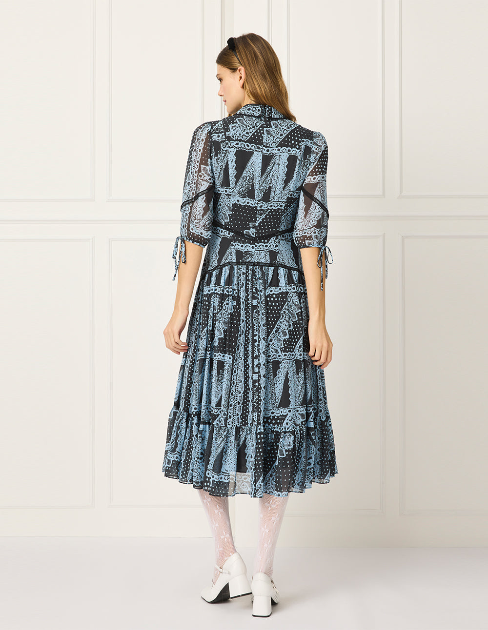 BORA AKSU Puff-Sleeve Silk Floral Print Pleated Midi Dress