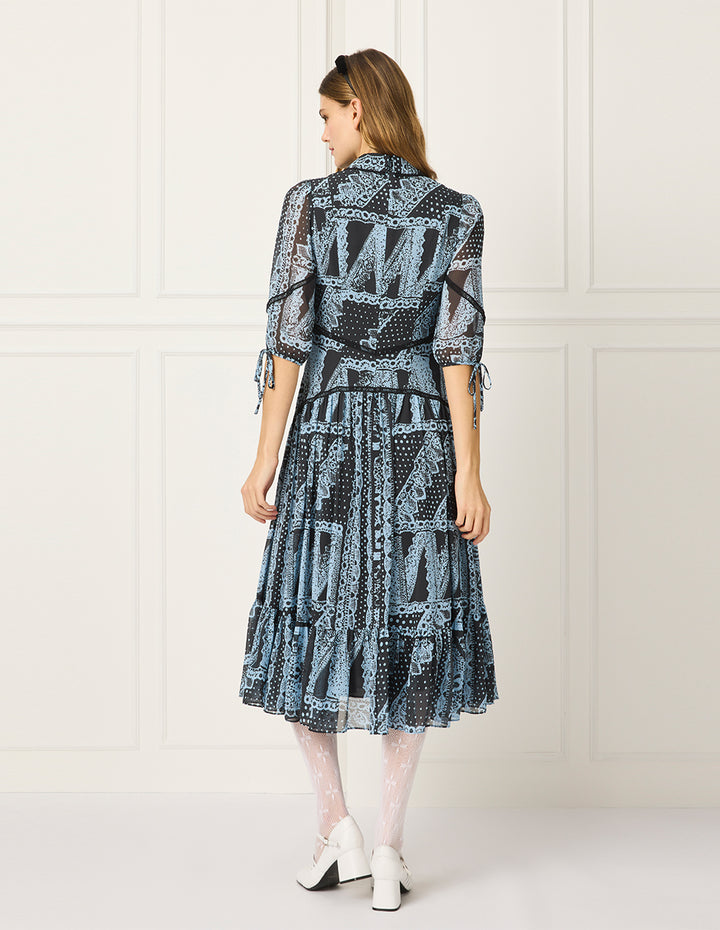 BORA AKSU Puff-Sleeve Silk Floral Print Pleated Midi Dress