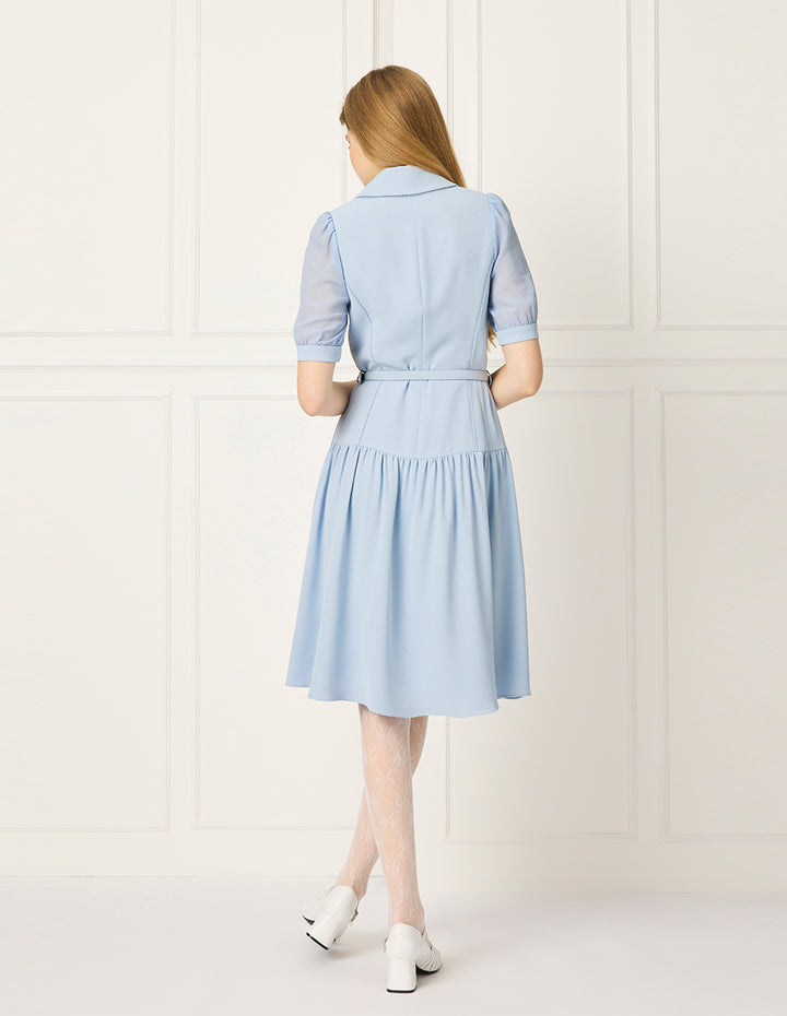 BORA AKSU Peaked Lapel Puff Short-Sleeve Single-Breasted Belted Pleated Midi Dress