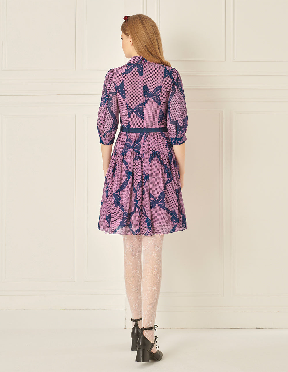 BORA AKSU Puff Sleeve Shirt Collar Bow Print Dress