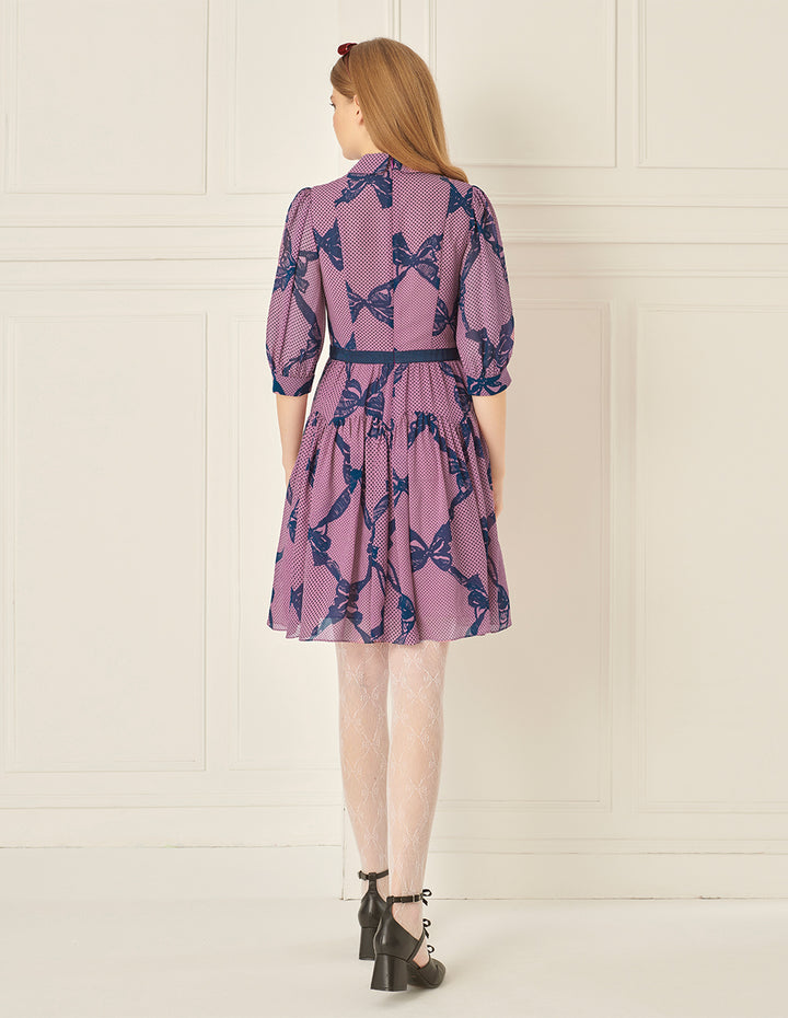 BORA AKSU Puff Sleeve Shirt Collar Bow Print Dress