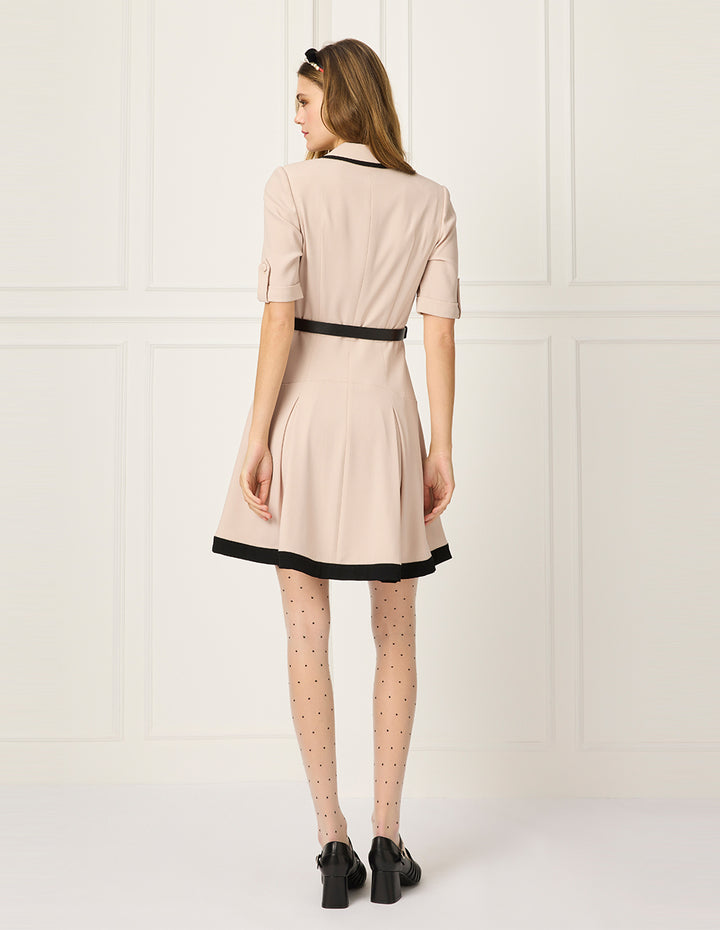 BORA AKSU Notched Lapel Single-Breasted Short-Sleeve Black Stripe-Trim Waist-Tie Midi Wrap Dress