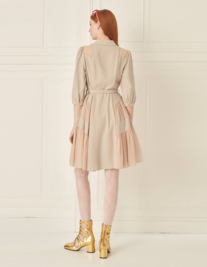 BORA AKSU Puff Sleeve Paneled Pleated Belt Dress