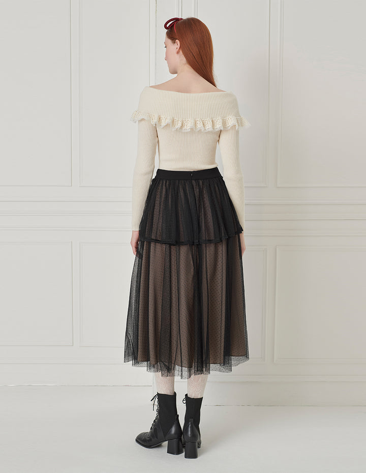 BORA AKSU Polka Dot Mesh Overlay Pleated Midi Skirt