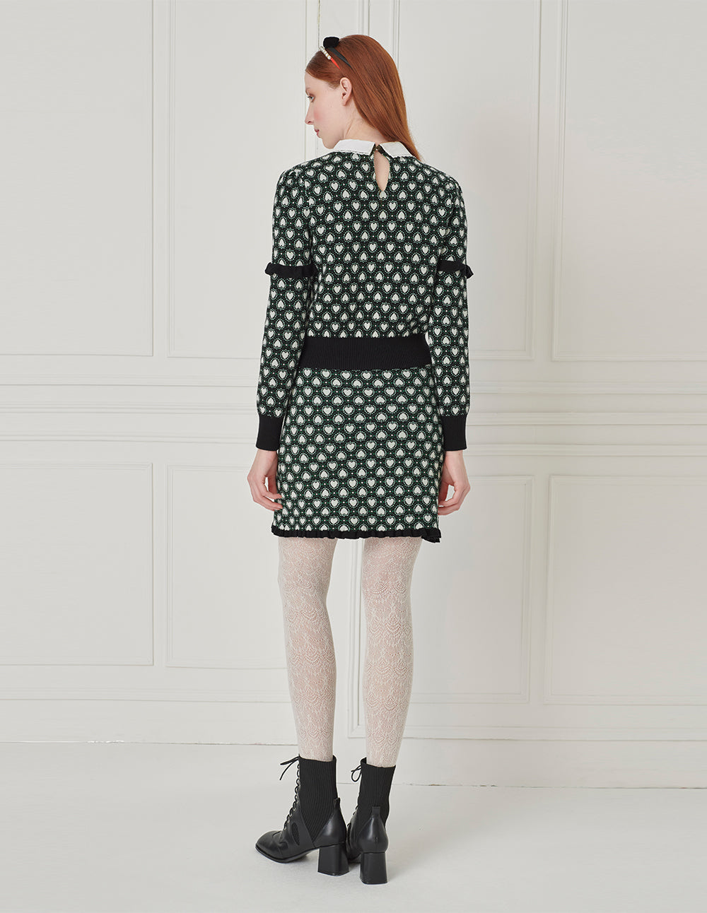 BORA AKSU Colorblock Ruffle Hem Knitted Heart Jacquard Knee-Length Pencil Skirt