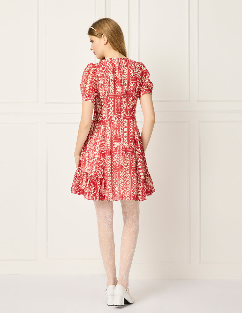 BORA AKSU V-Neck Puff Short Sleeve Geometric Print Pleated Midi Dress