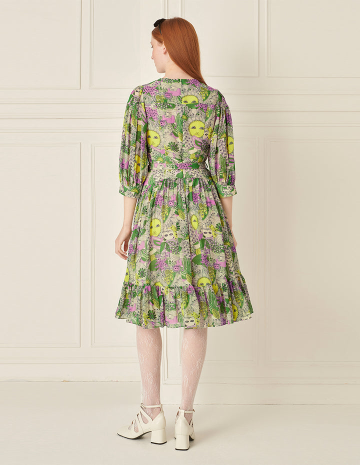 BORA AKSU Puff Sleeve V-Neck Printed Dress