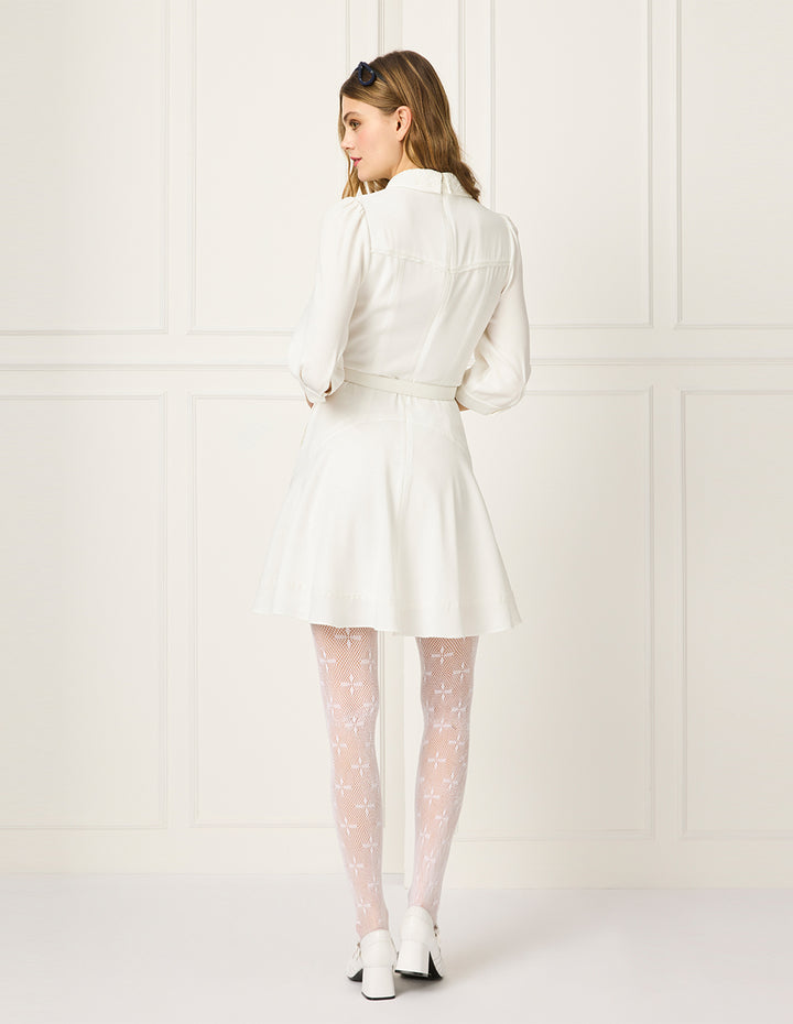 BORA AKSU Peter Pan Collar Puff Sleeve Waist-Tie Pleated Midi White Dress