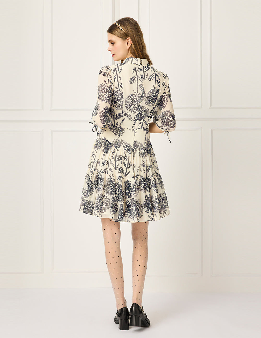 BORA AKSU Collar Sheer Dahlia Print Pleated Flounce Midi Shirt Dress
