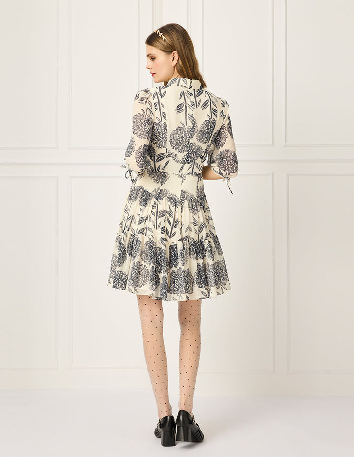 BORA AKSU Collar Sheer Dahlia Print Pleated Flounce Midi Shirt Dress