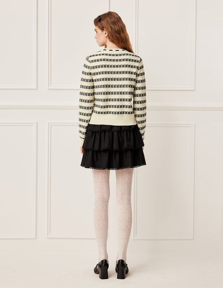 BORA AKSU Round Neck Tie Black & White Check Jacquard Full Wool Cardigan