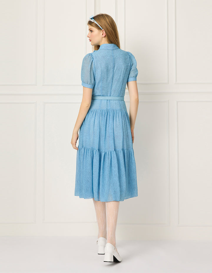 BORA AKSU Peter Pan Collar Ruffle Trim Puff Short Sleeve Waist-Tie Pleated Midi Dress