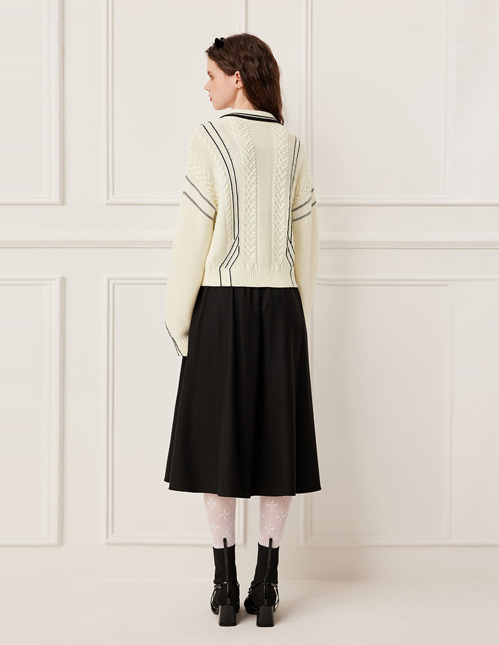 BORA AKSU Full Wool Cable Knit Lapel Long Sleeve Pullover