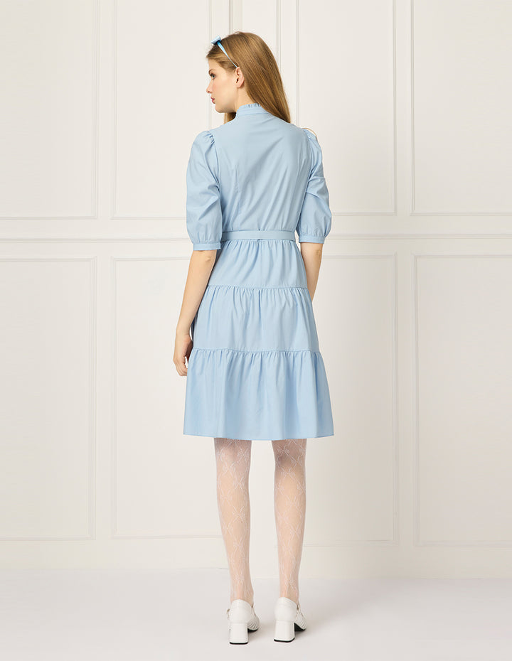 BORA AKSU Ruffled Stand-Collar Pin Tuck Puff Short-Sleeved Pleated Midi Dress