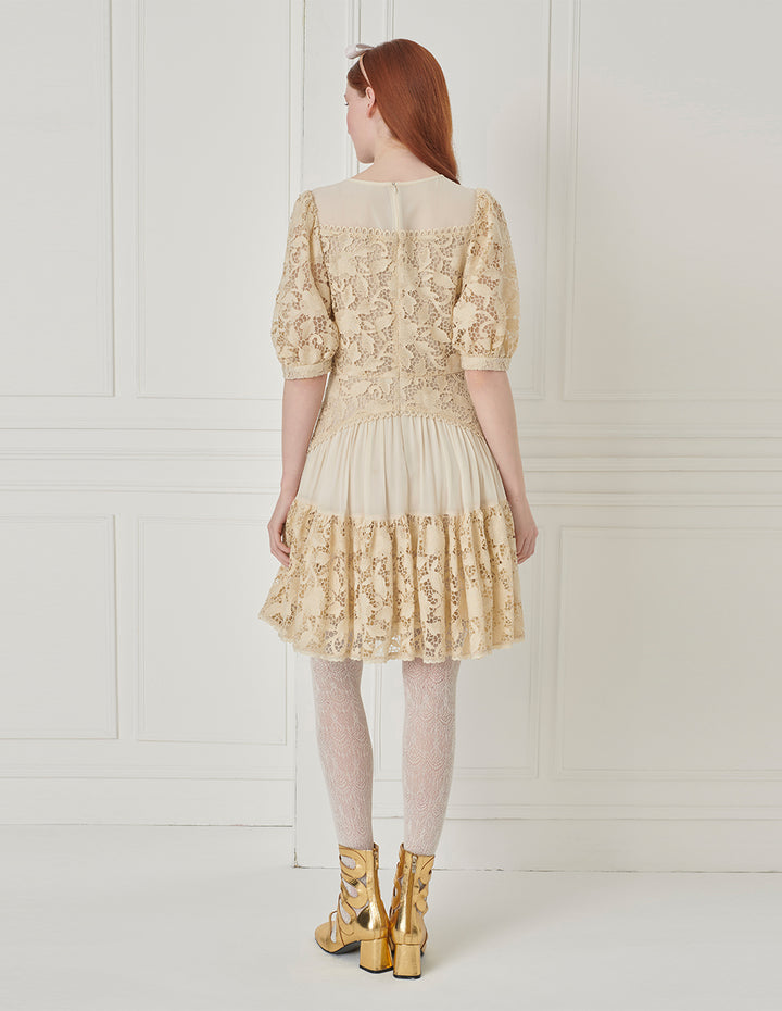 BORA AKSU Beige Lace Dress With Puff Sleeves And Scalloped Hem