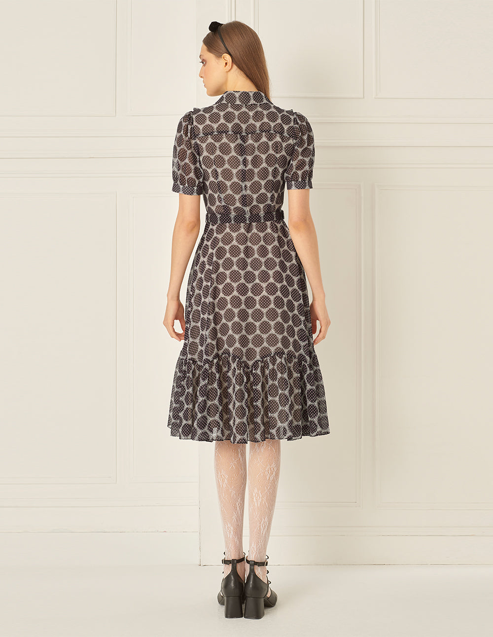 BORA AKSU Puff Sleeve Lapel Polka Dot Print Pleated Dress