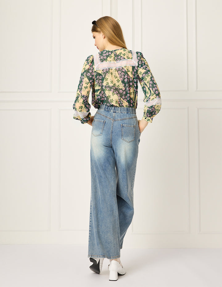 BORA AKSU Bubble Sleeve Tie-Neck Floral Print Blouse