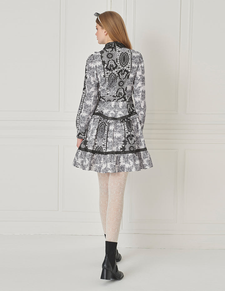 BORA AKSU Peter Pan Collar Puff Sleeve Lace Print Midi Dress