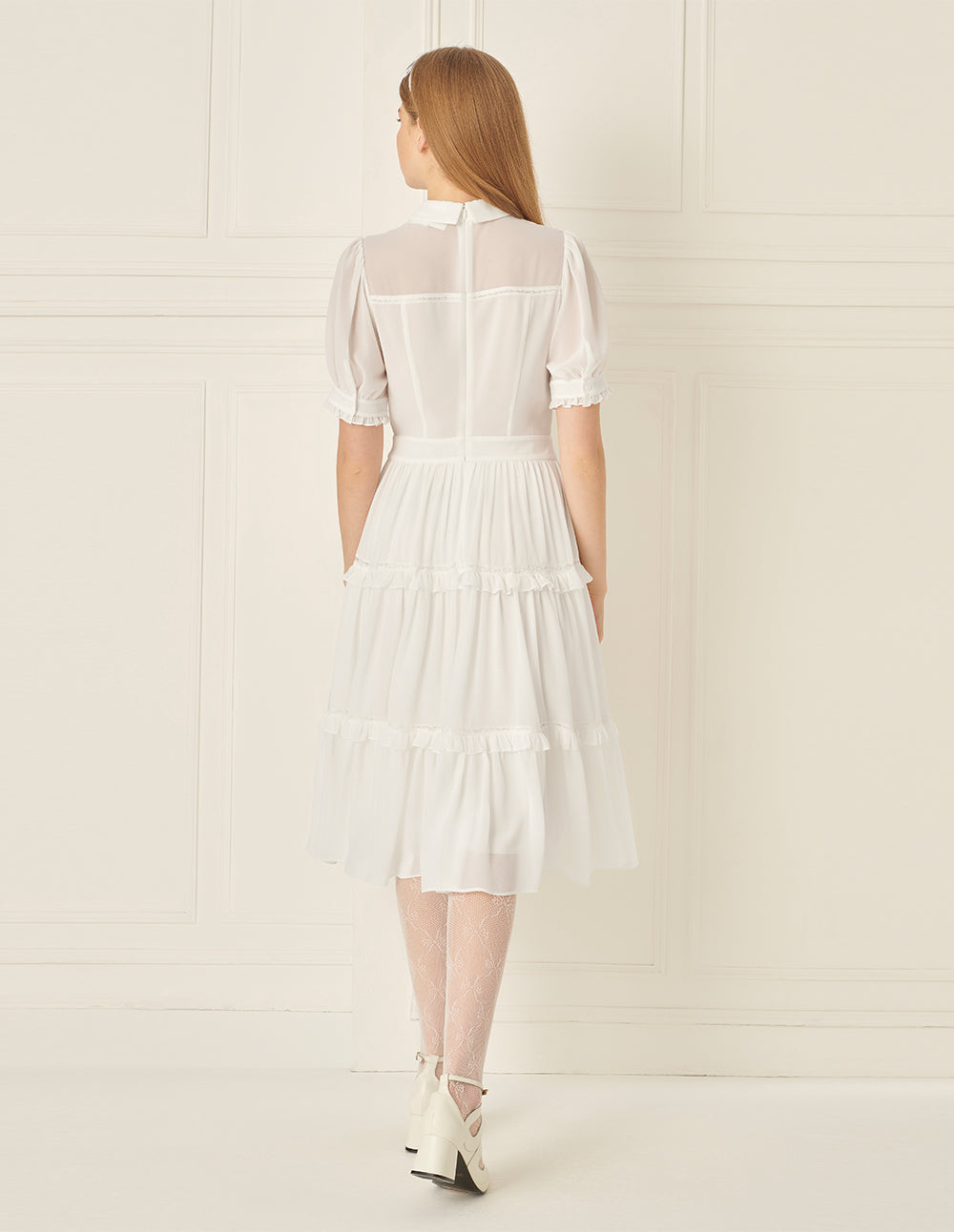 BORA AKSU Lace Puff Sleeve Pleated Dress