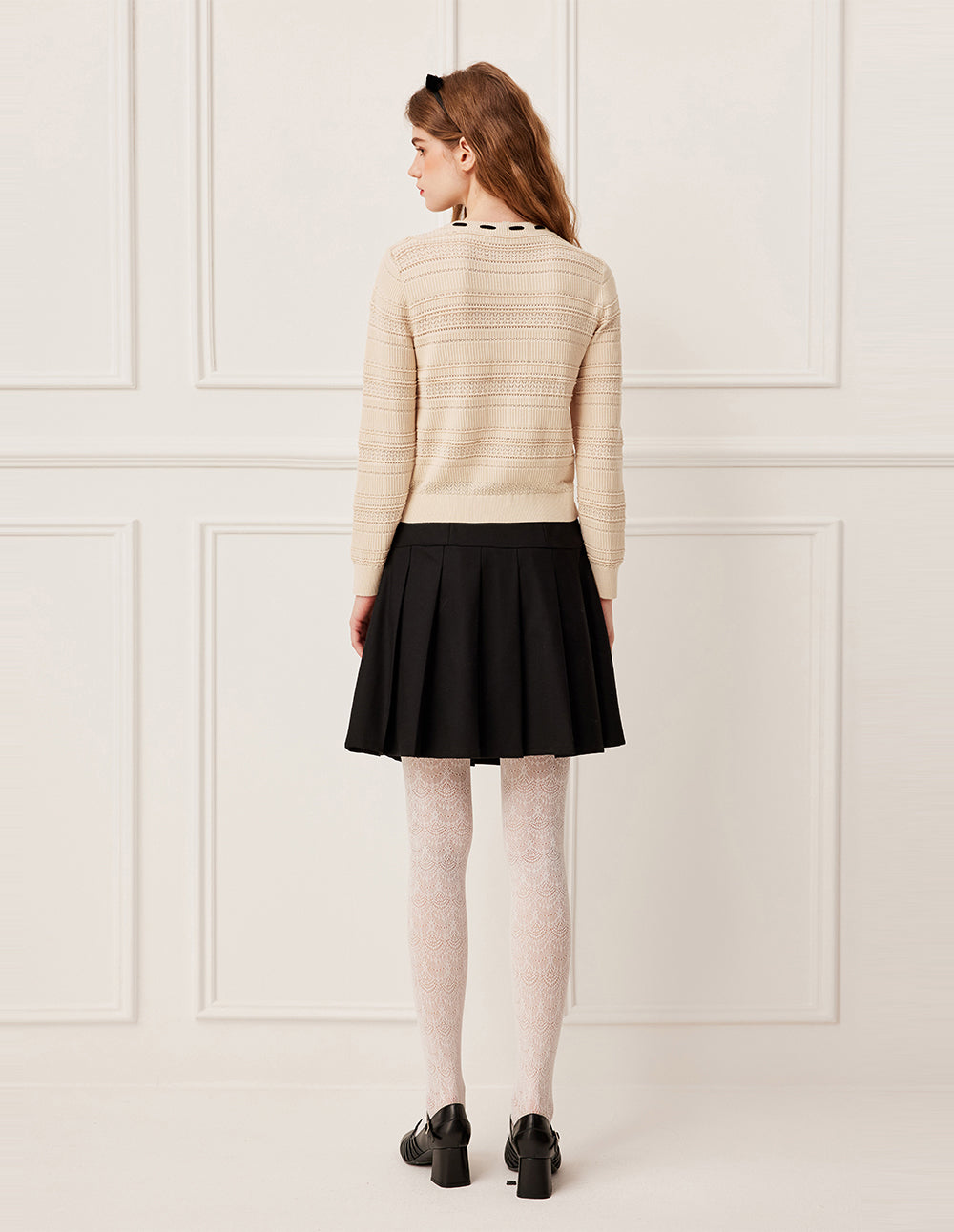 BORA AKSU Round Neck Sheer Lace Patchwork Long Sleeve Knit Pullover