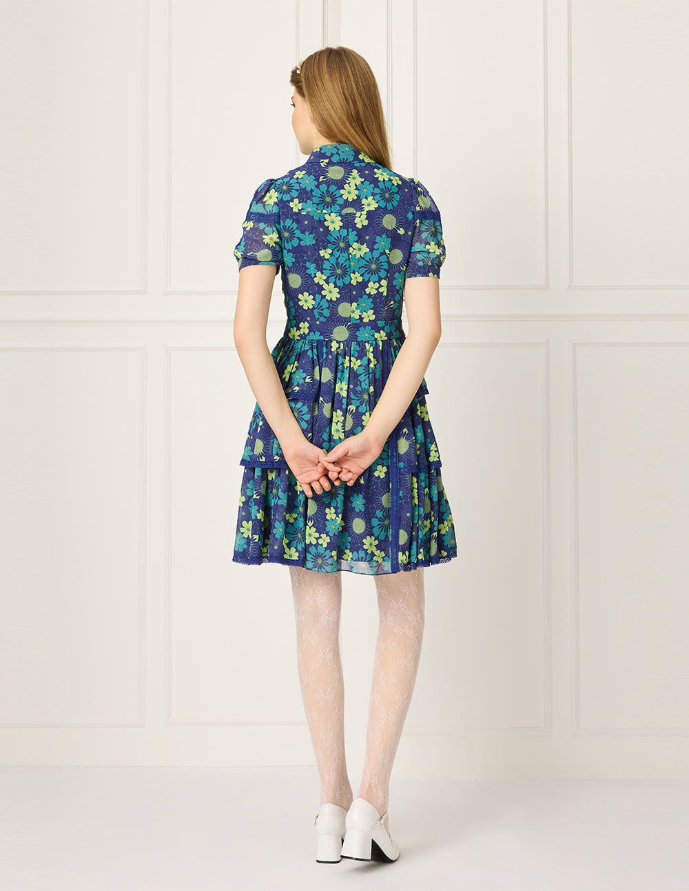 BORA AKSU Lapel Puff Short-Sleeve Floral Print Lace-Trim Pleated Midi Dress