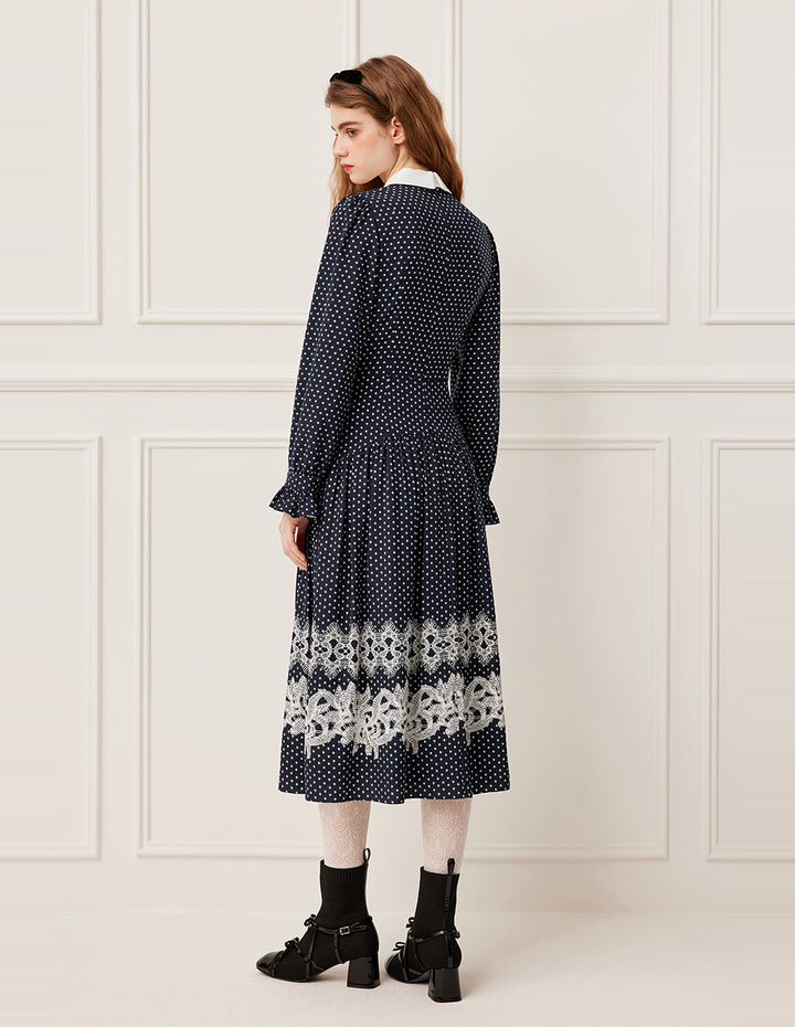 BORA AKSU Peter Pan Collar Pin-Tuck Puff Sleeve Lace Trim White Polka Dot Dress