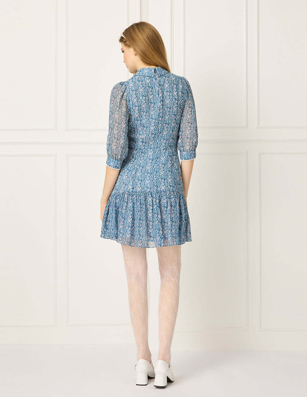 BORA AKSU Collared Puff-Sleeve Floral-Print Flounce Midi Dress