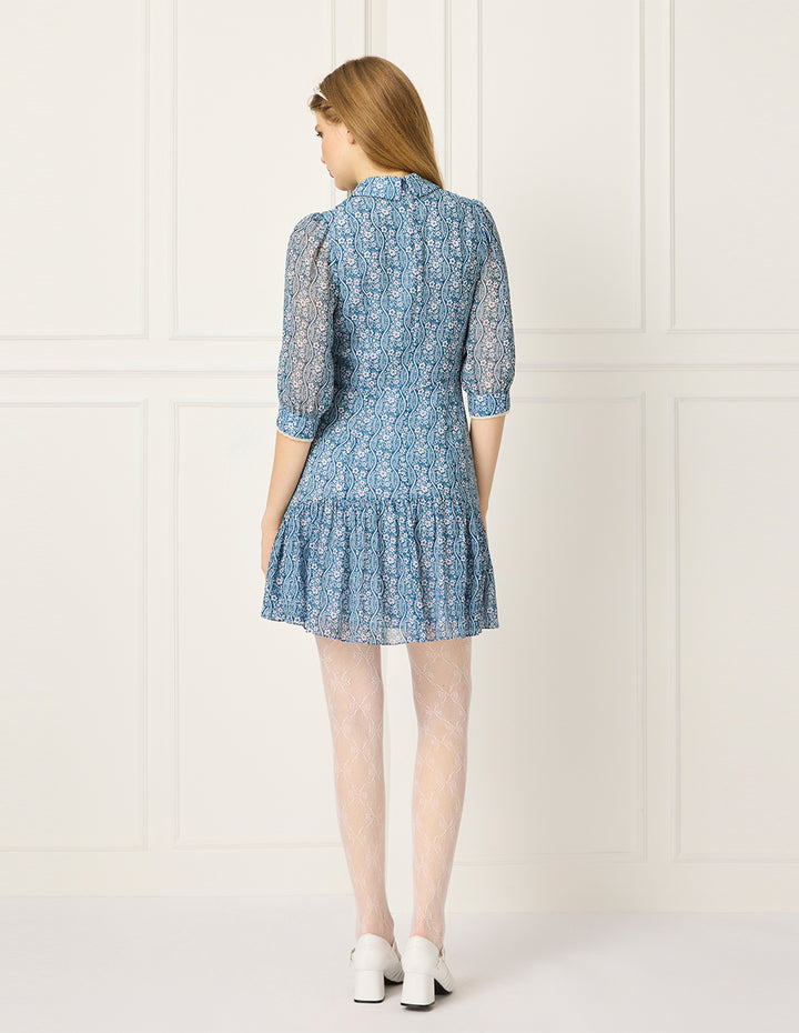 BORA AKSU Collared Puff-Sleeve Floral-Print Flounce Midi Dress