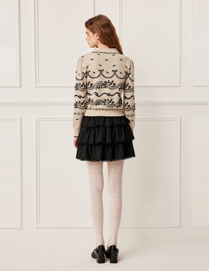 BORA AKSU Bow Tie Lapel Black Floral Pattern Long Sleeve Wool Cardigan