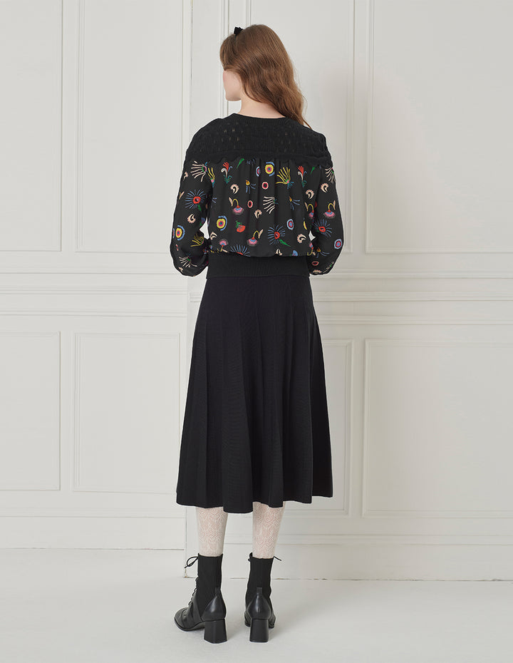 BORA AKSU Crew Neck Silk Patchwork Printed Wool Knitted Sweater