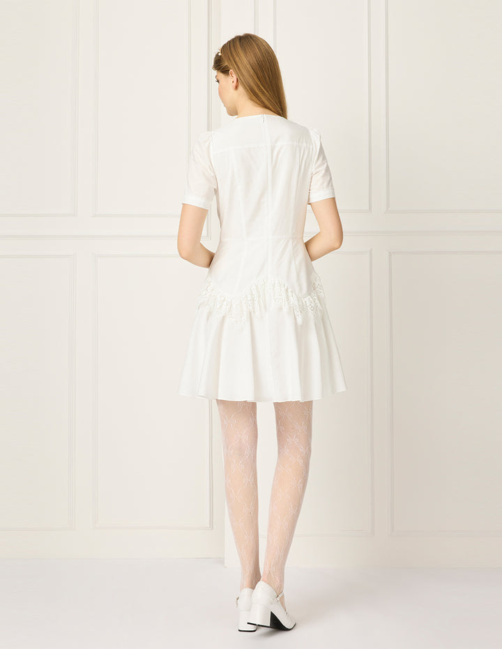 BORA AKSU Round Neck Puff Short-Sleeve Hollow Lace Trim Pleated Midi Dress