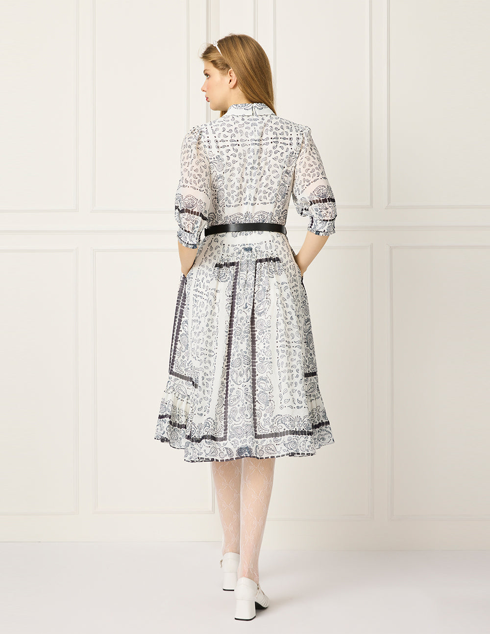 BORA AKSU Collared Puff-Sleeve Paisley Print Midi Trumpet Shirt Dress