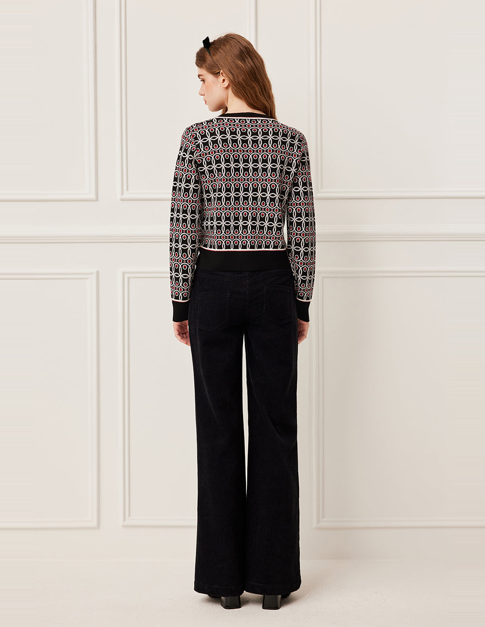 BORA AKSU Round Neck Long Sleeve Polka Dot Wool Knit Cardigan with 4 Pockets